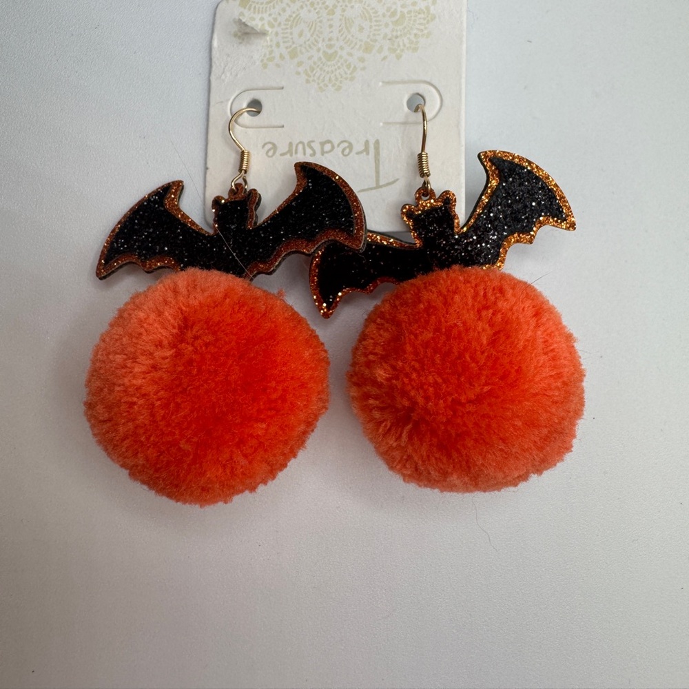 Orange Pom Pom Bat Earrings